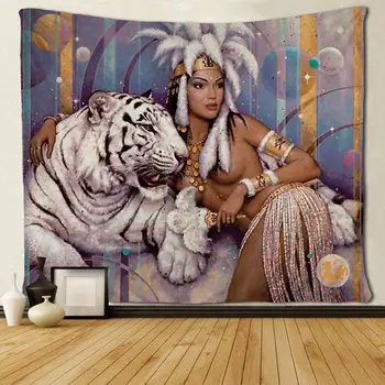 Afrička Bijeli Tigar i Ženske Goblena Zid Umjetnost Hipi Spavaća soba Dnevni boravak Hostel